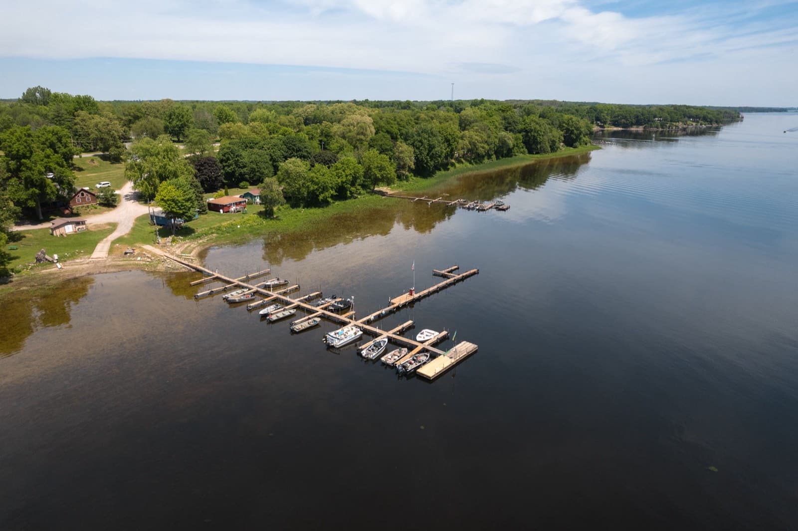 Fishing boats lined up along the McLear's docks on Black Lake